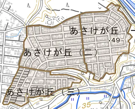 あさけが丘とその周辺の地図。町の範囲を重ねている