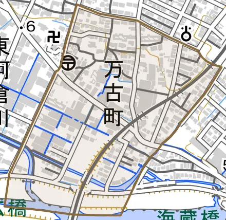万古町とその周辺の地図。町の範囲を重ねている