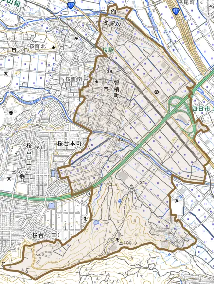 智積町とその周辺の地図。町の範囲を重ねている