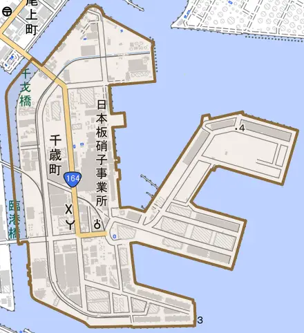 千歳町とその周辺の地図。町の範囲を重ねている