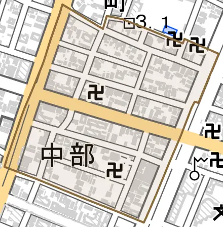 中部とその周辺の地図。町の範囲を重ねている
