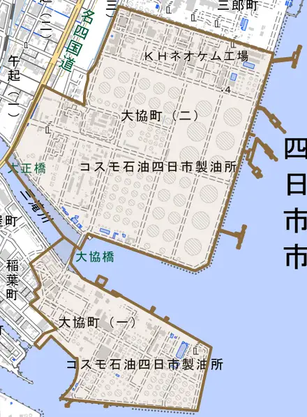 大協町とその周辺の地図。町の範囲を重ねている