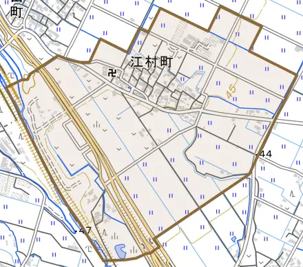 江村町とその周辺の地図。町の範囲を重ねている