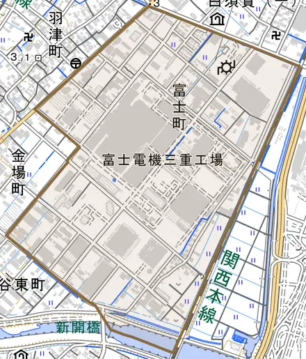 富士町とその周辺の地図。町の範囲を重ねている