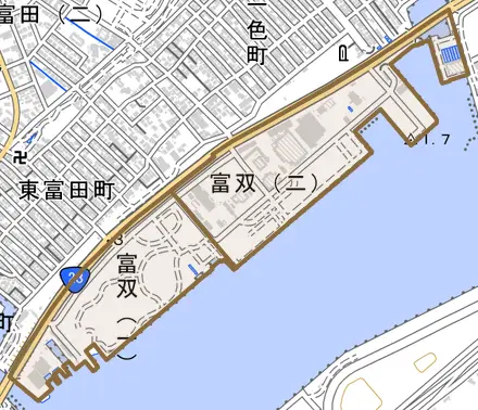 富双とその周辺の地図。町の範囲を重ねている