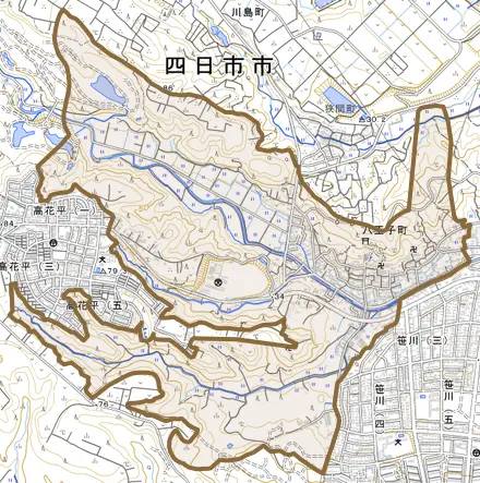 八王子町とその周辺の地図。町の範囲を重ねている