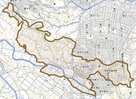 波木町とその周辺の地図。町の範囲を重ねている