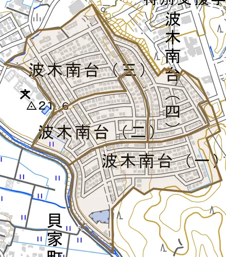 波木南台とその周辺の地図。町の範囲を重ねている