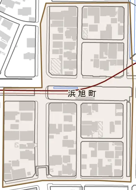 浜旭町とその周辺の地図。町の範囲を重ねている