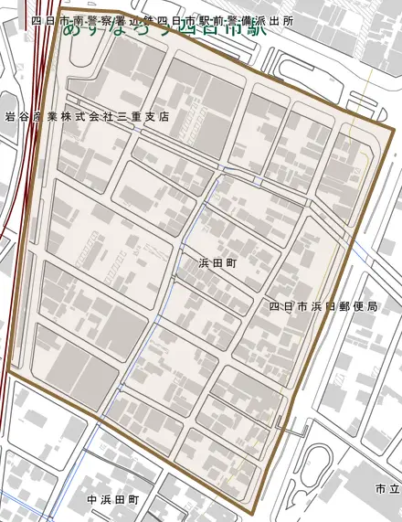 浜田町とその周辺の地図。町の範囲を重ねている