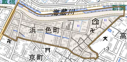 浜一色町とその周辺の地図。町の範囲を重ねている