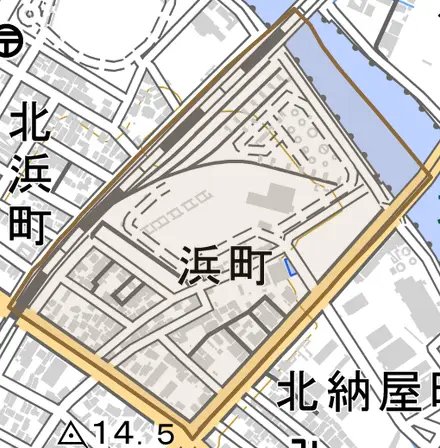 浜町とその周辺の地図。町の範囲を重ねている