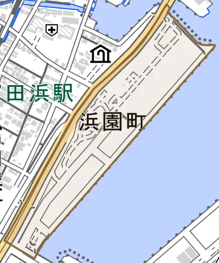 浜園町とその周辺の地図。町の範囲を重ねている