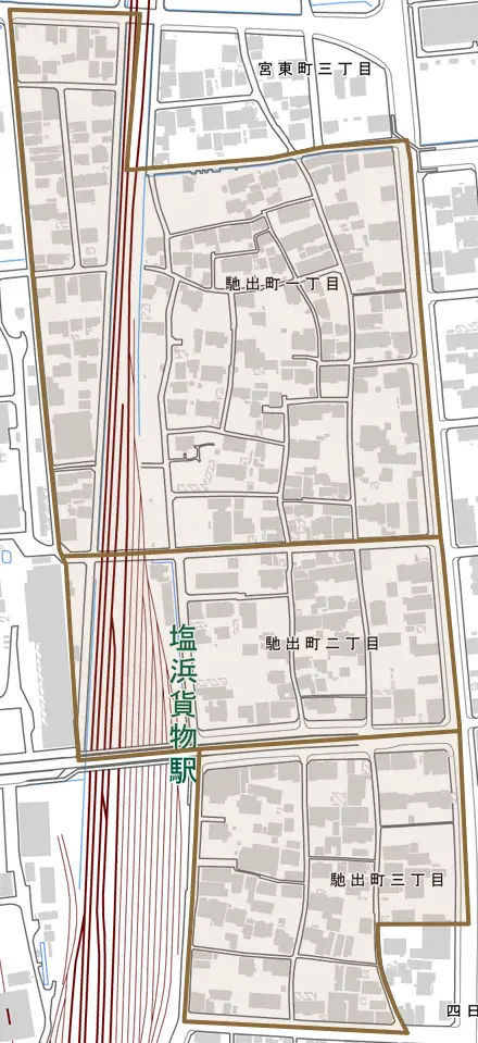 馳出町とその周辺の地図。町の範囲を重ねている