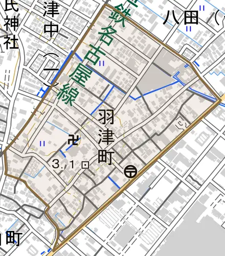 羽津町とその周辺の地図。町の範囲を重ねている