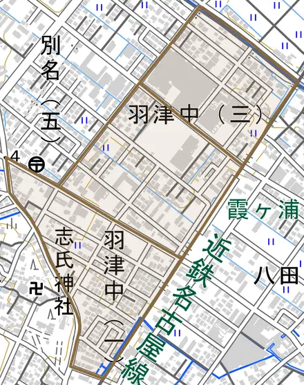 羽津中とその周辺の地図。町の範囲を重ねている