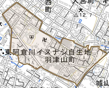 羽津山町とその周辺の地図。町の範囲を重ねている