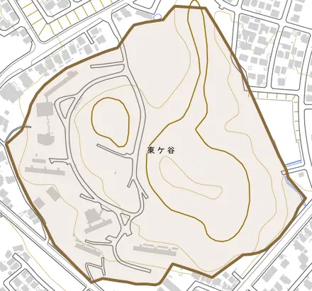 東ヶ谷とその周辺の地図。町の範囲を重ねている