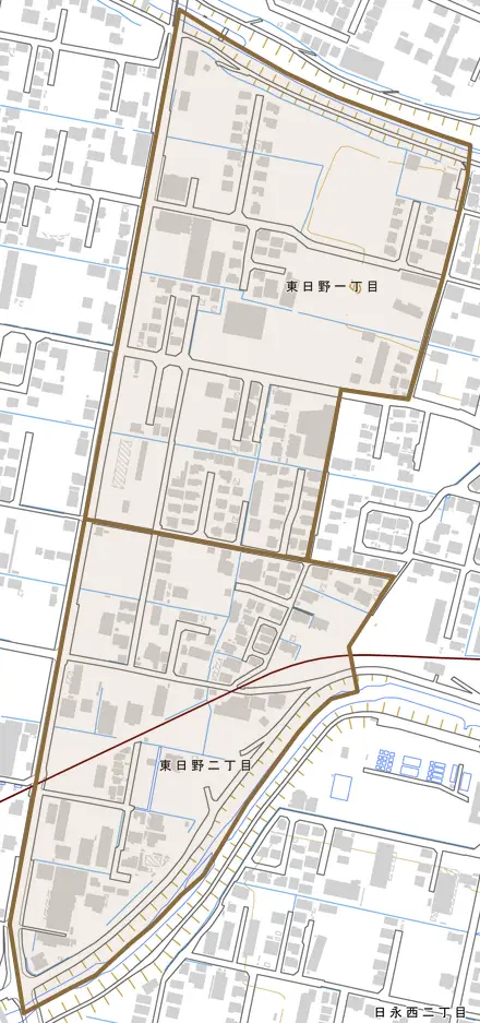 東日野とその周辺の地図。町の範囲を重ねている