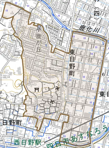 東日野町とその周辺の地図。町の範囲を重ねている