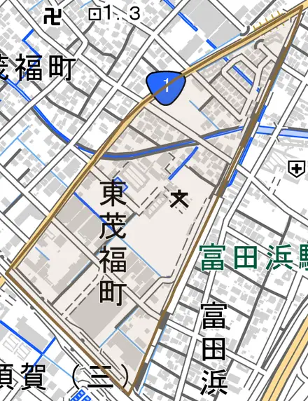 東茂福町とその周辺の地図。町の範囲を重ねている