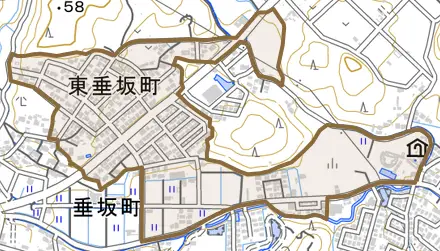 東垂坂町とその周辺の地図。町の範囲を重ねている