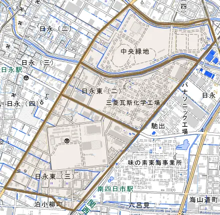 日永東とその周辺の地図。町の範囲を重ねている