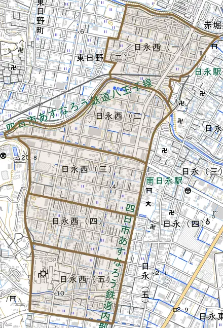 日永西とその周辺の地図。町の範囲を重ねている