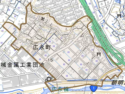 広永町とその周辺の地図。町の範囲を重ねている