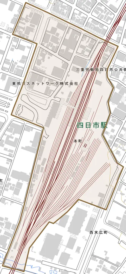本町とその周辺の地図。町の範囲を重ねている