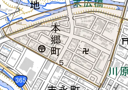 本郷町とその周辺の地図。町の範囲を重ねている