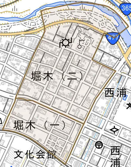 堀木とその周辺の地図。町の範囲を重ねている