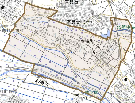 市場町とその周辺の地図。町の範囲を重ねている