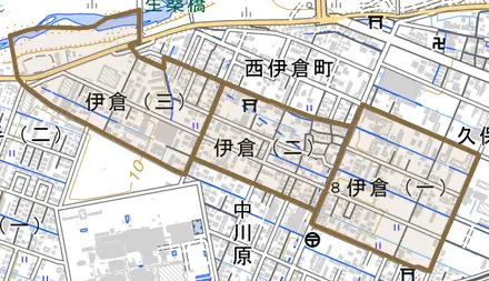 伊倉とその周辺の地図。町の範囲を重ねている