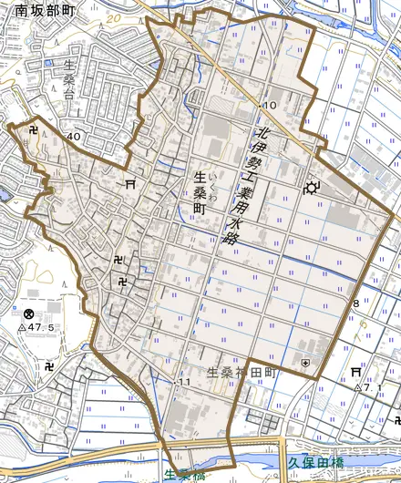 生桑町とその周辺の地図。町の範囲を重ねている