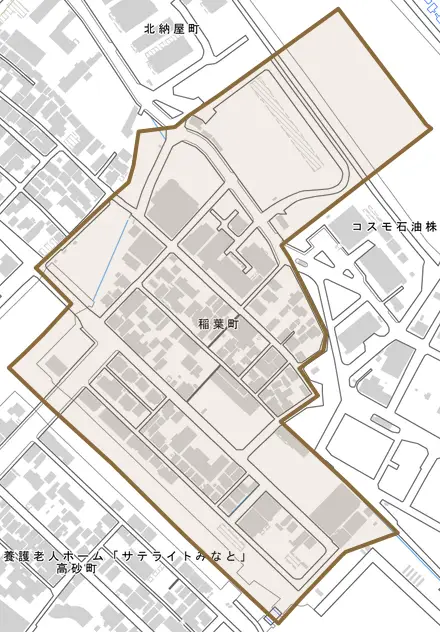 稲葉町とその周辺の地図。町の範囲を重ねている