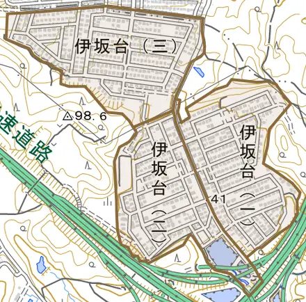 伊坂台とその周辺の地図。町の範囲を重ねている