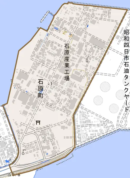 石原町とその周辺の地図。町の範囲を重ねている