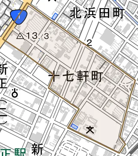 十七軒町とその周辺の地図。町の範囲を重ねている