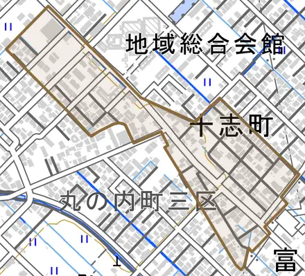 十志町とその周辺の地図。町の範囲を重ねている