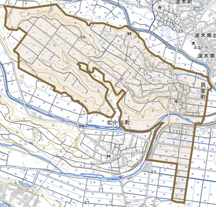 貝家町とその周辺の地図。町の範囲を重ねている