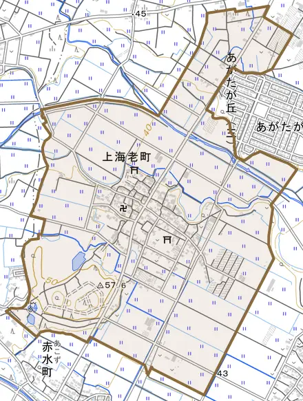 上海老町とその周辺の地図。町の範囲を重ねている
