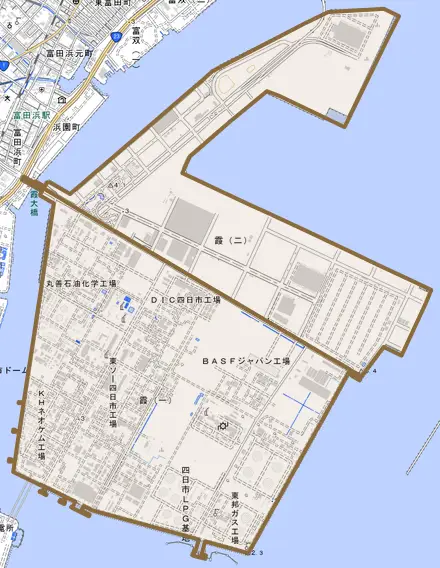 霞とその周辺の地図。町の範囲を重ねている