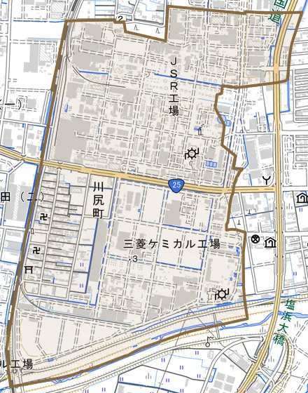 川尻町とその周辺の地図。町の範囲を重ねている