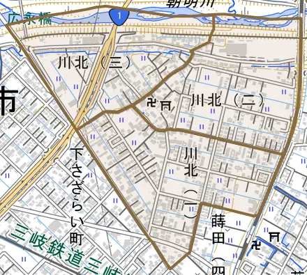 川北とその周辺の地図。町の範囲を重ねている