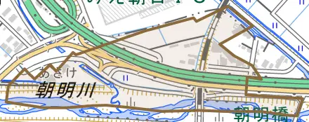 川北町とその周辺の地図。町の範囲を重ねている