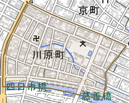 川原町とその周辺の地図。町の範囲を重ねている
