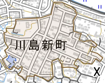 川島新町とその周辺の地図。町の範囲を重ねている