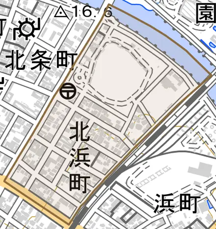 北浜町とその周辺の地図。町の範囲を重ねている