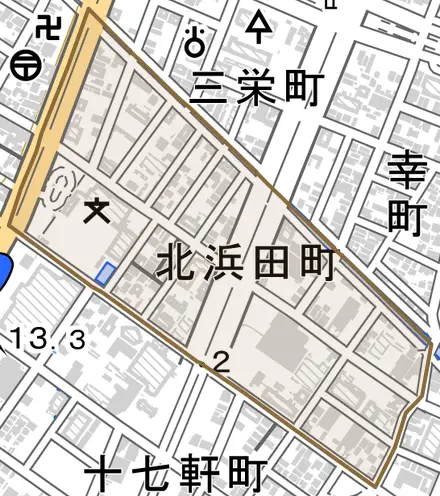 北浜田町とその周辺の地図。町の範囲を重ねている